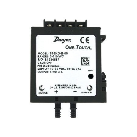 Dwyer Instruments Differential pressure transmitter, 0 to 1250 Pa, selectable 0 to 10 / 0 to 5 volt output. 616KD-13-V